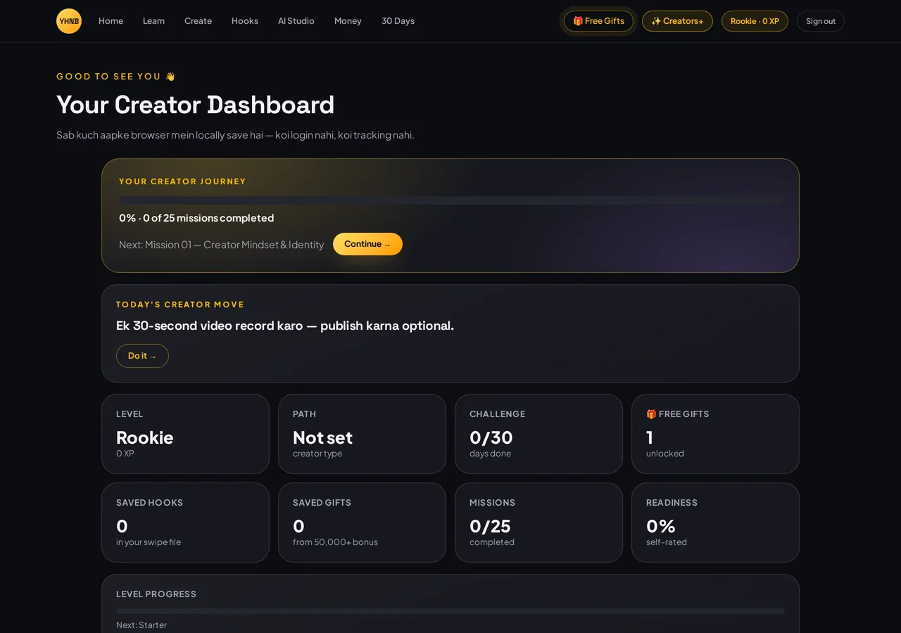 YHNB Creators creator dashboard with XP, missions and progress