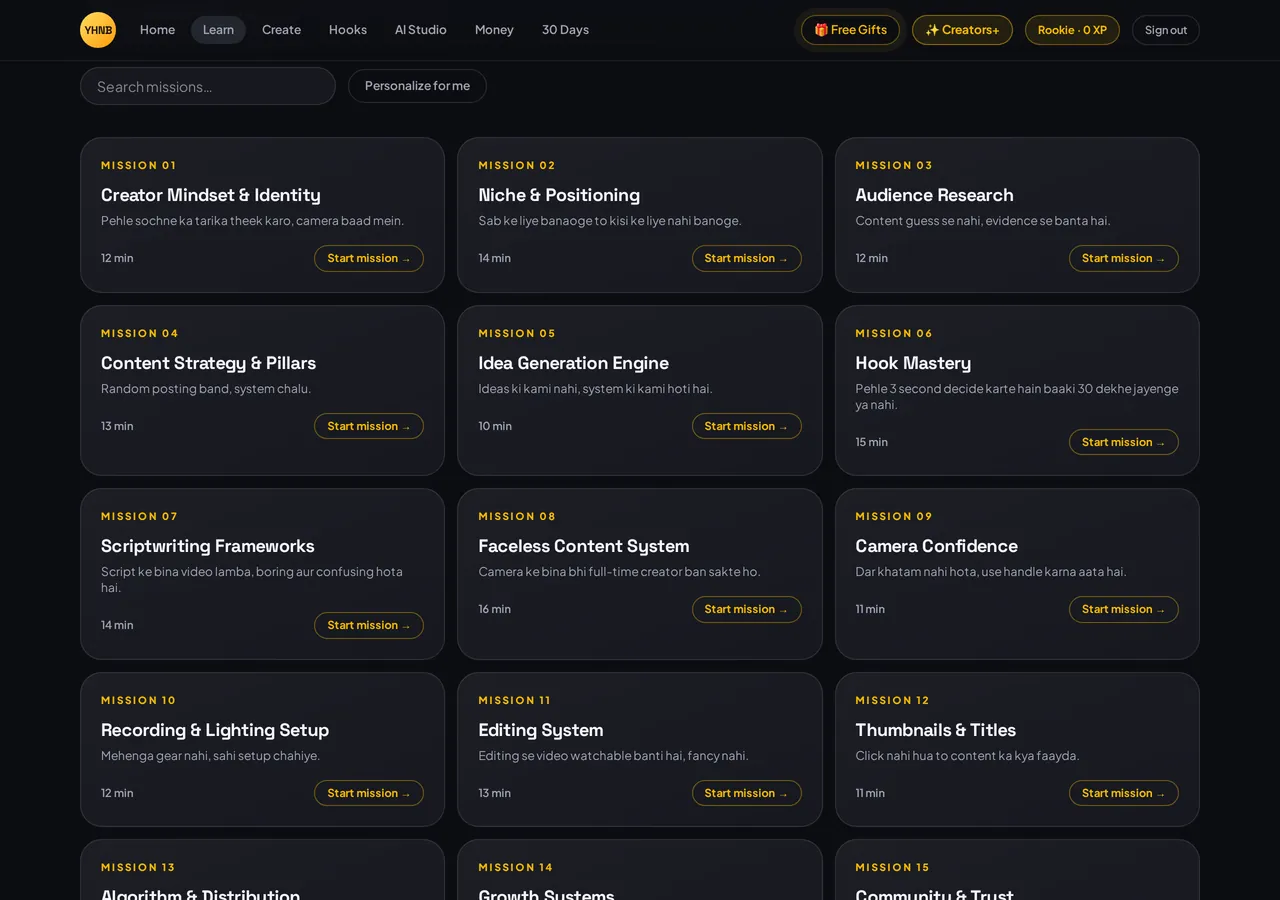 25 mission-style creator missions — YHNB Creators product screenshot